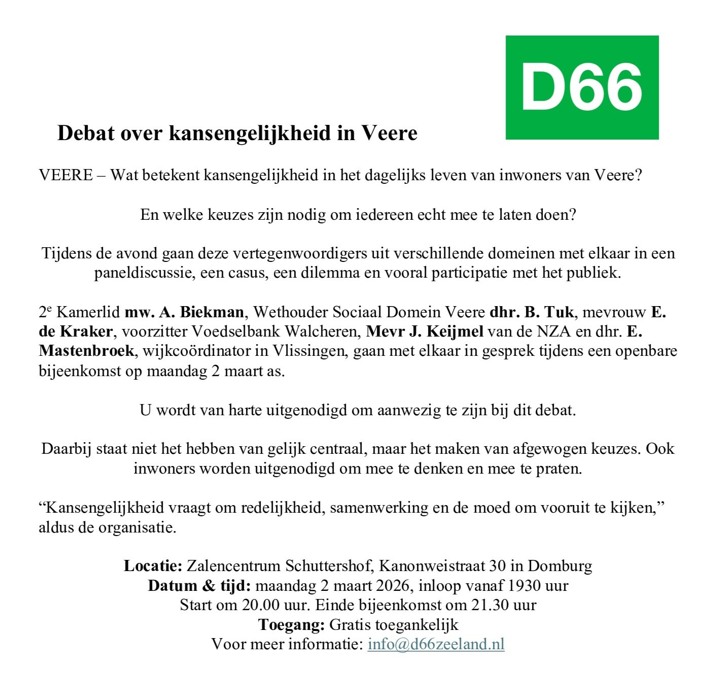 Debat over kansengelijkheid in Veere